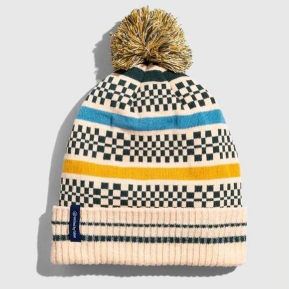 NWT UNITED BY BLUE Recycled Novelty Pom Beanie Shortbread Ribbed Wool Blend Hat - Picture 2 of 9